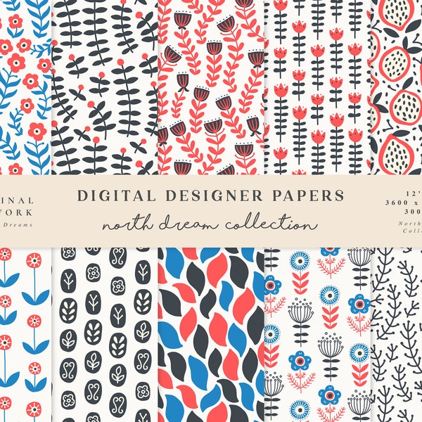 North Dream Digital Papers - Scrapbook Paper Set - Seamless Patterns - Digital Background - Printable Paper Set - Scandinavian Clip Art