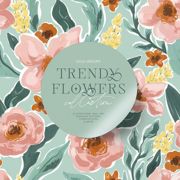 Trendy Flowers - Gouache Digital Clipart - Individual PNG Files - Wedding - Hand Painted Graphic Set - Large Collection - Pastel Peony