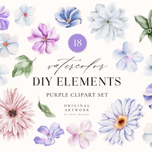 Purple Watercolor Clipart Set - Fleurs de printemps - Bricolage floral - Conception de carte d’invitation de mariage moderne - Digital PNG Clipart Leaf Art Pivoine