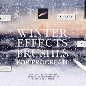 May include: A set of winter effects brushes for Procreate, featuring a snowy background with snowflakes and a white stylus. The text "WINTER EFFECTS BRUSHES FOR PROCREATE" is displayed in large white letters.