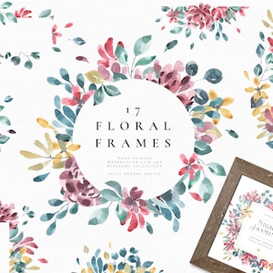 Marcos florales acuarela Set - 17 coronas Boho flores - composición invitación de boda PNG Clipart - arreglos de logotipo digital