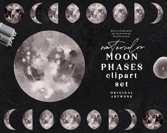 Watercolor Moon Phases Clipart Set - Wedding Invitation - Celestial Galaxy Clip Art- PNG Logo - Full Moon - Decorated Moon - Zodiac Stars