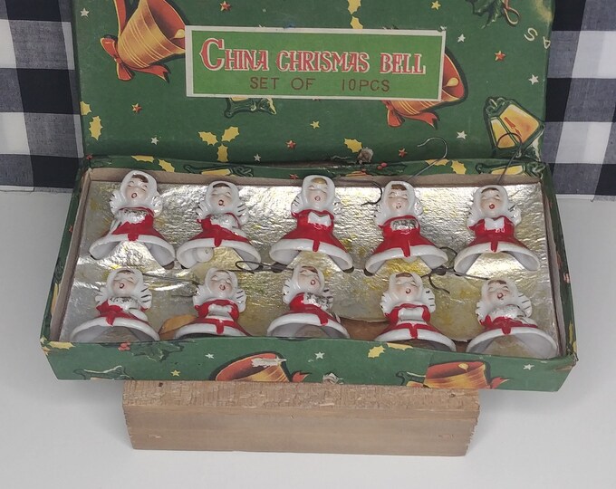 Vintage Christmas Bell Caroling Angel Ornament Set Rare Complete China