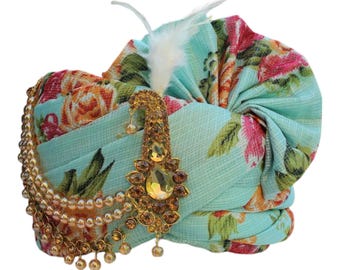 Turban de mariage à imprimé fleurs roses Safa Pagdi pour homme Dulha Marriage, Dulha Pagri (Couleur vert océan, taille : 22 à 22,5 pouces)