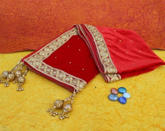 Royal Jodhpuri Style Men Velvet Maharaja Dupatta Shawl for Groom Sherwani with hanging Tassels - Red Colour