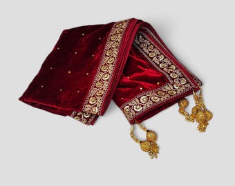 Men's Maroon Velvet Wedding Dupatta, Embroidery Lace, Tassel Design