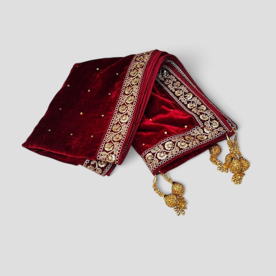 Men's Maroon Velvet Wedding Dupatta, Embroidery Lace, Tassel Design