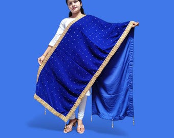 Dupatta/Châle en velours découpé et dentelle pour femmes, mariage Dupatta/Châle pour femmes, mariage indien ethniques femmes en velours châle (Bleu royal)