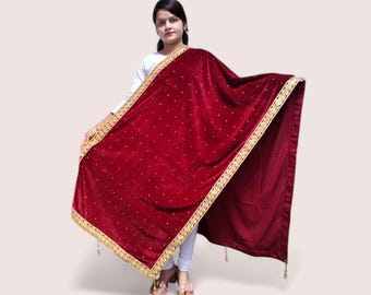 Dupatta/châle en dentelle découpée velours pour femmes, mariage dupatta/châle pour femmes, mariage indien ethniques femmes châle en velours (bordeaux)