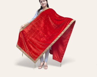 Dupatta/Châle en velours découpé et dentelle pour femmes, mariage Dupatta/Châle pour femmes, mariage indien ethnique femmes en velours châle (Rouge)