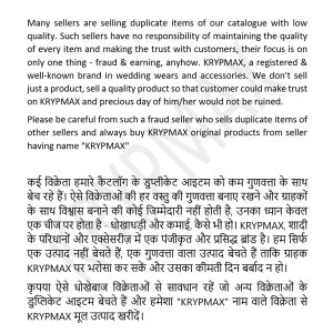 May include: A text-based image with a warning about duplicate items being sold. The text is in both English and Hindi. The text states that sellers should be careful of sellers who sell duplicate items and to always buy original products from the seller with the name "KRYPMAX".