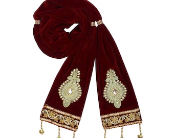 Handmade Maroon Velvet Groom Dupatta, Indian Wedding Stole