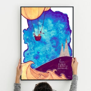 Unique Artprint of a hot air balloon, motivational quote, Digital download, Live every moment, Watercolor, Wisdom quote