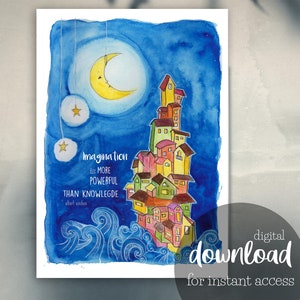 Pode incluir: Uma pintura em aquarela de uma cidade construída em uma onda com uma lua crescente e estrelas no céu. A citação "A imaginação é mais poderosa que o conhecimento" de Albert Einstein está escrita abaixo da cidade.