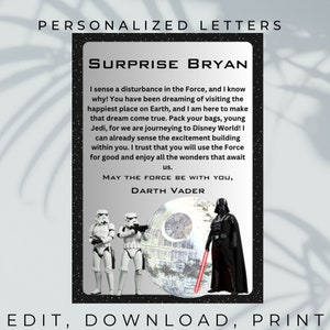 Dark Side Surprise, vacation announcement, surprise you&#39;re going to, editable letters, trip reveal, personalized letters for surprise trip