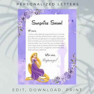 Rapunzel Sorpresa, anuncio de vacaciones, sorpresa que te vas a llevar, cartas editables, revelación de viaje, cartas personalizadas para viaje sorpresa