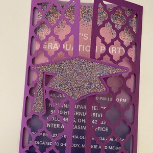 May include: A purple graduation party invitation card with a glittery mortarboard design. The card features a decorative cut-out pattern and includes event details. The text reads "Graduation Party".