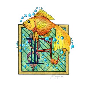May include: A hand-drawn illustration of a goldfish swimming in a tank. The goldfish is orange and yellow with black eyes. The tank is decorated with blue bubbles and green seaweed. The illustration is framed in gold.