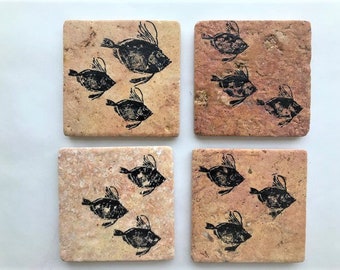 Ceramic Coasters w/ hand stamped fish images