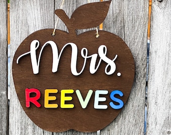 Wooden Teacher Apple Sign, Classroom Door Sign, Custom Teacher Door Hanger, Personalized Teacher Appreciation Gift, Back To School Sign
