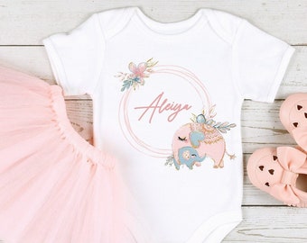 Personalised Pink Elephant Wreath Outfit (Babygrow Sleepsuit Vest Bodysuit | Coming Home Outfit |  New Baby Girl Gift | Baby Shower)