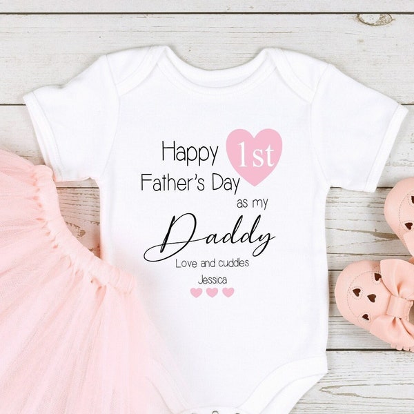 Happy 1st Father's Day Daddy Pink Heart Bib, Baby Vest or Babygrow [First Father's Day | Daddy Gift Daughter | Baby Girl Present | Love Dad]