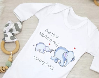 Personalised Our First Mother's Day Mum & Baby Elephant 2024 (Babygrow Sleepsuit Vest Bodysuit | New Mummy Gift | 1st Mothers Day Mama Mom)