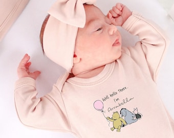 Personalised Well Hello There Classic Winnie Pooh Baby (Babygrow Sleepsuit New Baby Girl Gift | Coming Home Hospital Gift First Outfit)