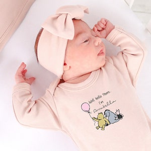 Personalised Well Hello There Classic Winnie Pooh Baby (Babygrow Sleepsuit New Baby Girl Gift | Coming Home Hospital Gift First Outfit)