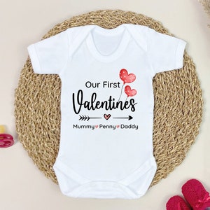 Personalised Our first Valentines Family Baby Outfit (Babygrow Sleepsuit Vest Bodysuit |  New Baby Gift | Mum Gift l Dad Gift l Love)