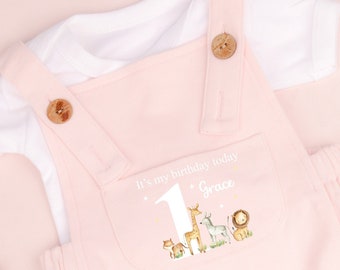 May include: Pink baby overalls with a white onesie underneath. The overalls have a pocket with a graphic of a number one and animals. The text "It's my birthday today" and the name "Grace" are printed on the pocket.