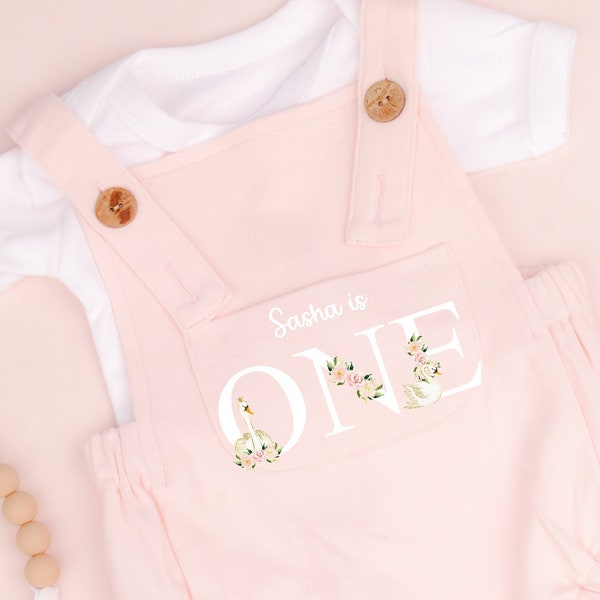 Personalised First Birthday Floral ONE Swan Pink Dungarees | I Am One Today | Birthday Girl | Present | Flowers | Theme | Toddler | Two