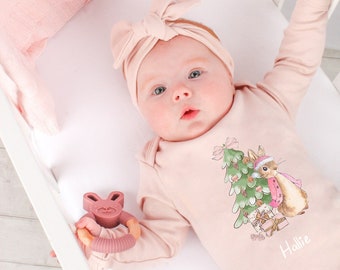 Personalised Pink Rabbit Christmas Pink Babygrow and optional Headband | Babies 1st Xmas Gift | First Xmas | Baby Grow Christmas Day