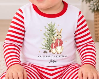 Sibling Matching Christmas Pyjamas or Babygrow | Festive Winter Red Rabbits 2026 | Red Stripe Boys Girls Unisex