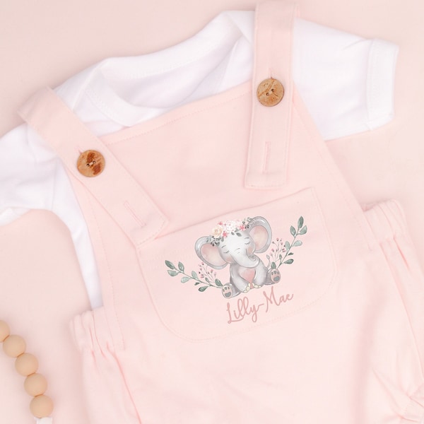Personalised Elephant Splat Pink Dungarees | New Baby Boy Gift Present | Bodysuit Romper Vest | Outfit | Baby Shower | Summer | Newborn Gift