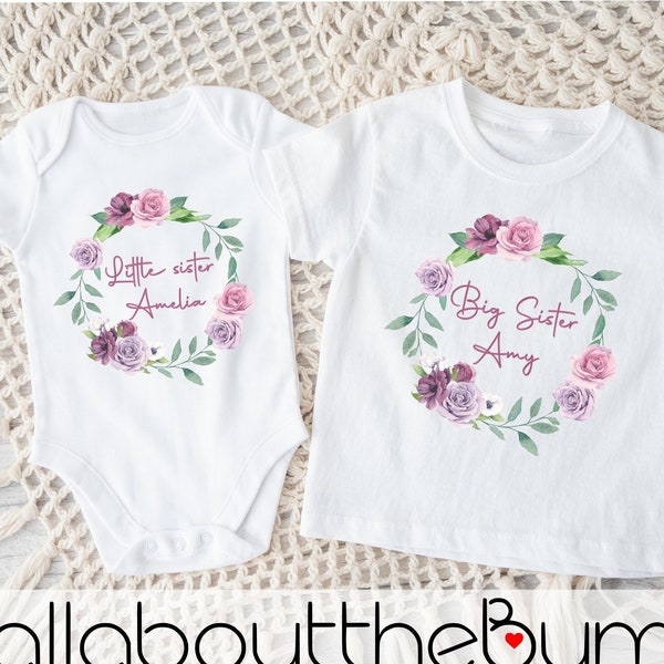 Big Sister Little Sister Pink Floral Wreath, Matching T-shirts, Kids T-shirts, Announcement Tops, Cute Outfits, Siblings, Vest, T-shirt