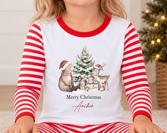 Sibling Matching Christmas Pyjamas or Babygrow | Festive Winter Animals Bear Reindeer 2026 | Red Stripe Boys Girls Unisex