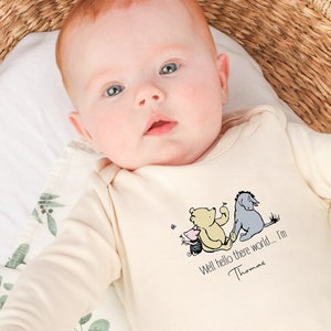 Personalised Well Hello There Classic Winnie the Pooh Beige Baby Clothing (Babygrow Sleepsuit New Baby Girl Boy unisex Gift | Coming Home