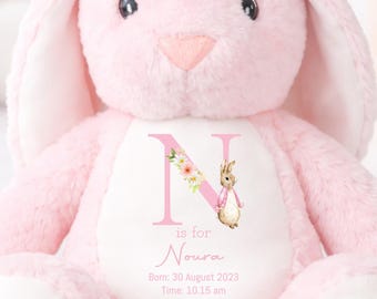 Personalised Initial Bunny | Baby Girl Name Gift | Newborn Birth Stats Keepsake | Soft Toy Baby Shower Present Pink