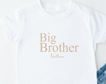 Personalised Beige Big Brother T-shirt  (Bigger Older Biggest Brother | Baby Announcement | New Sibling Baby Boy Unisex Mum Dad Parent)