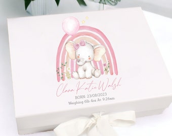 Personalised Pink Elephant Rainbow Baby New Baby Gift Box | Baby Shower Gift l Keepsake l Memory Box | Baby Girl | Baby Boy | Unisex Baby