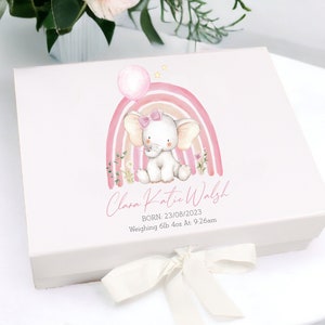 Personalised Pink Elephant Rainbow Baby New Baby Gift Box | Baby Shower Gift l Keepsake l Memory Box | Baby Girl | Baby Boy | Unisex Baby