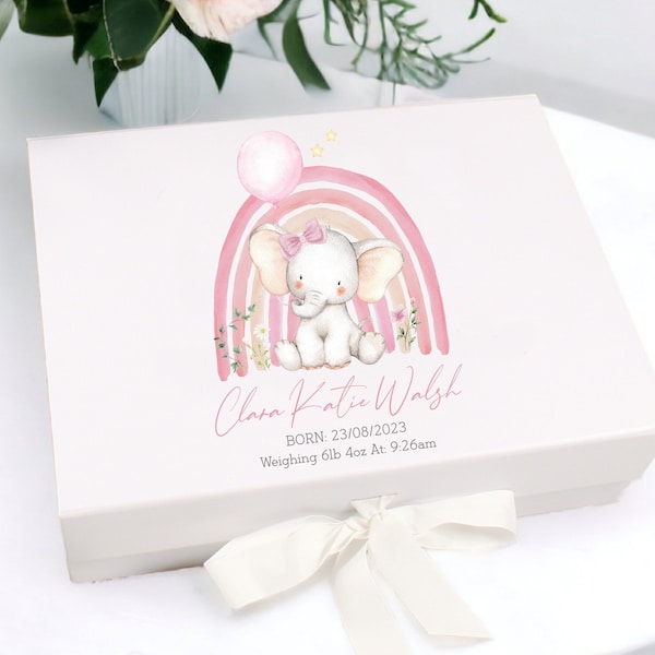 Personalised Pink Elephant Rainbow Baby New Baby Gift Box | Baby Shower Gift l Keepsake l Memory Box | Baby Girl | Baby Boy | Unisex Baby