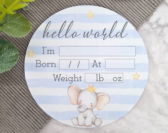 Personalised Hello World Blue Elephant Plaque | Birth Announcement Plaque | New Baby | Baby Shower | Baby Gift | Announce | Baby Boy Gift