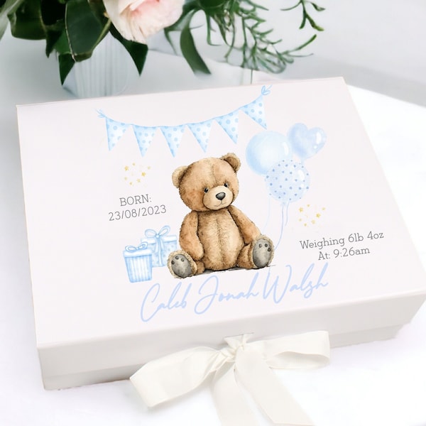 Personalised Blue teddy Baby New Baby Gift Box | Baby Shower Gift l Keepsake l Memory Box | Baby Girl | Baby Boy | Unisex Baby | Elephant