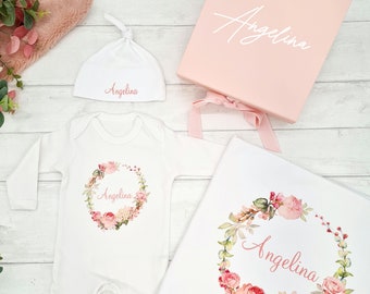 Rose Floral Pink Wreath Personalised New Baby Girl Clothing Gift Set (Babygrow | Hat | Blanket | Gift Box) - Coming Home Baby Gift Hamper