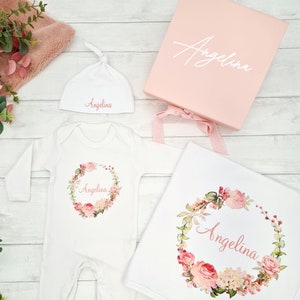 Rose Floral Pink Wreath Personalised New Baby Girl Clothing Gift Set (Babygrow | Hat | Blanket | Gift Box) - Coming Home Baby Gift Hamper