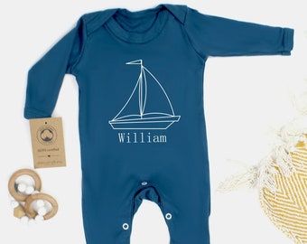 Personalised 100% Organic Cotton Boat Blue Babygrow with optional Hat Blanket | New Baby | Coming Home | Baby Boy Gift | Newborn | Baby