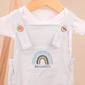 Personalised Blue Rainbow Dungarees | New Baby Boy Gift Present | Bodysuit Romper Vest | Outfit | Baby Shower | Summer Set | Newborn Gift