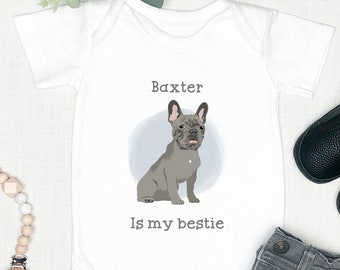 Personalised Dog Is My Bestie Blue 140 Dog Types (Babygrow Sleepsuit Vest Bodysuit |  New Baby Boy Gift | Gift | New Baby | Dog Owner)